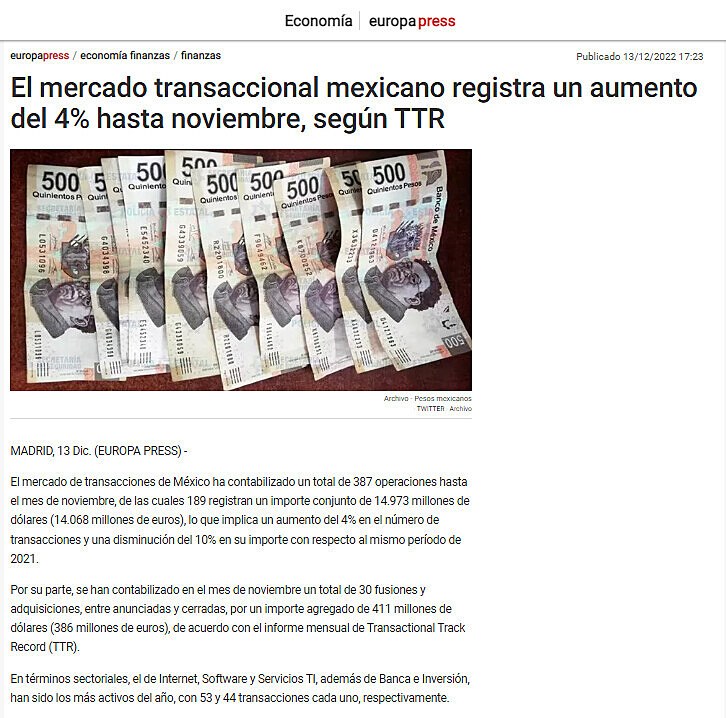 El mercado transaccional mexicano registra un aumento del 4% hasta noviembre, segn TTR